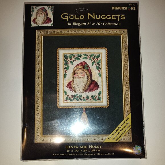 NEW Dimensions Gold Nuggets Santa and Holly Counted Cross Stitch Kit 8679 SEALED - Picture 1 of 3